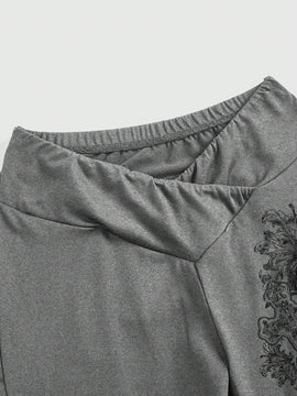 ROMWE Goth Pantalones acampanados ajustados de color rosa con impresion cruzada de vid enredada con cintura en V de moda