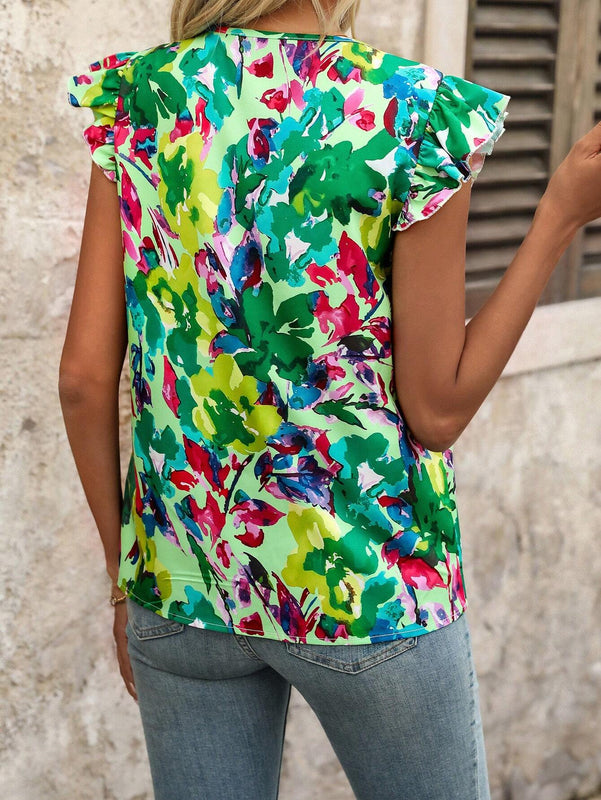 Camisa verde con mangas cap rectas y estampado floral, perfecta para ir de compras, viajar y salir en citas en verano