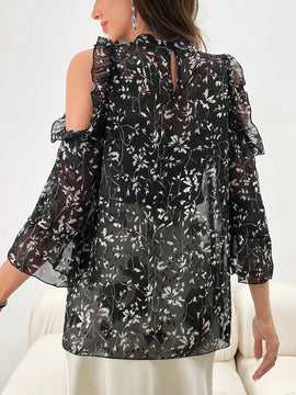 NEW  Mulvari Blusa elegante de manga larga con ribete de volantes con estampado floral impreso para mujer y dobladillo con volantes empalmados.