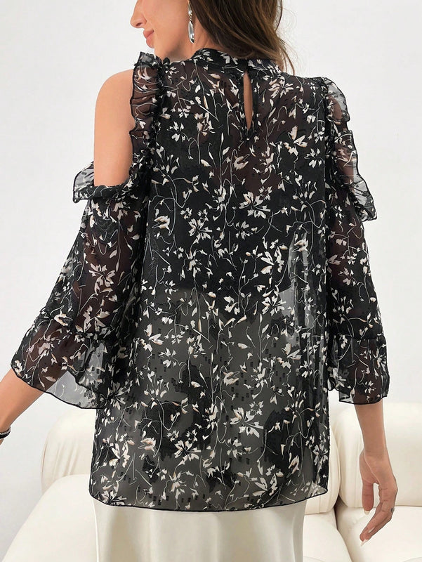 NEW  Mulvari Blusa elegante de manga larga con ribete de volantes con estampado floral impreso para mujer y dobladillo con volantes empalmados.