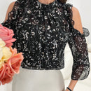 Blusa elegante de manga larga con ribete de volantes con estampado floral impreso para mujer y dobladillo con volantes empalmados.