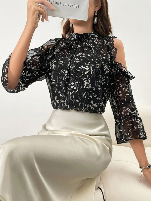 NEW  Mulvari Blusa elegante de manga larga con ribete de volantes con estampado floral impreso para mujer y dobladillo con volantes empalmados.