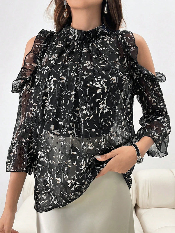 NEW  Mulvari Blusa elegante de manga larga con ribete de volantes con estampado floral impreso para mujer y dobladillo con volantes empalmados.