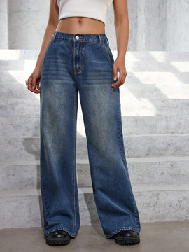 EZwear Pantalones Jeans anchos y sueltos informales para mujeres con bolsillos, adecuados para salidas diarias