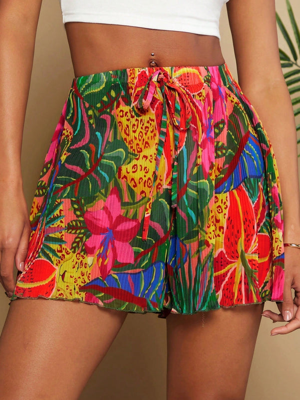 TRVLCHIC Shorts sueltos de mujer tejidos con estampado y pliegue de cintura alta para vacaciones