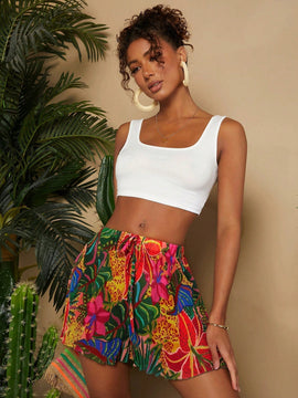 TRVLCHIC Shorts sueltos de mujer tejidos con estampado y pliegue de cintura alta para vacaciones