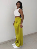 Slayr Pantalones de pierna ancha de Satin verde mostaza de talle alto con bolsillos estilo callejero para mujeres - E