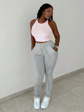 Slayr Pantalones deportivos basicos casuales gris ajustados para mujeres con elastico, cordon, bolsillo, linea divisoria - H