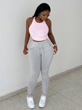 Slayr Pantalones deportivos basicos casuales gris ajustados para mujeres con elastico, cordon, bolsillo, linea divisoria - H