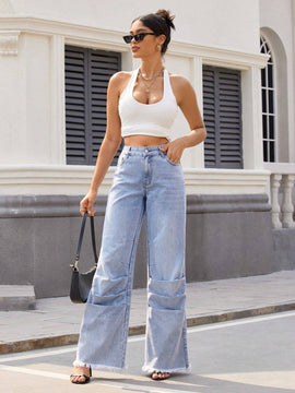 Essnce Jeans casuales para mujer con pliegues cosidos, parches y dobladillo deshilachado con bolsillos