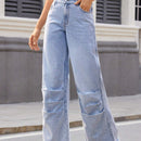 Essnce Jeans casuales para mujer con pliegues cosidos, parches y dobladillo deshilachado con bolsillos