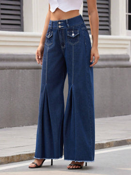 Essnce Jeans casuales de pierna ancha y corte holgado para mujer con pliegues y bolsillos con solapa
