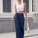 Essnce Jeans casuales de pierna ancha y corte holgado para mujer con pliegues y bolsillos con solapa