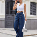 Essnce Jeans casuales de pierna ancha y corte holgado para mujer con pliegues y bolsillos con solapa