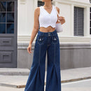 Essnce Jeans casuales de pierna ancha y corte holgado para mujer con pliegues y bolsillos con solapa