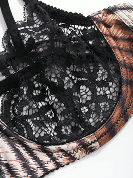 DAZY Conjunto de Brasier y Tangas sin relleno, con encaje y estampado animal, con aros y levanta busto