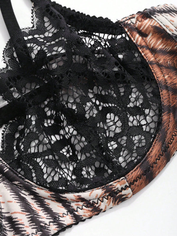 DAZY Conjunto de Brasier y Tangas sin relleno, con encaje y estampado animal, con aros y levanta busto
