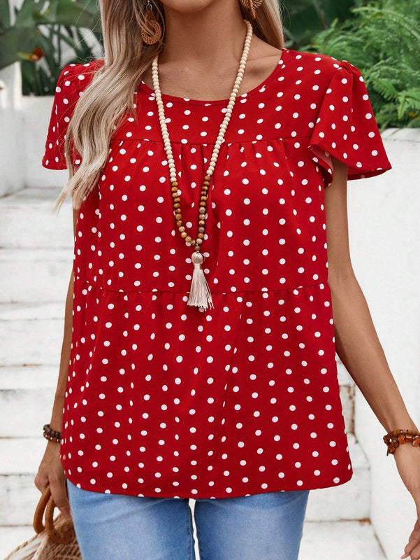 EMERY ROSE Camiseta de linea A holgada con diseno de lunares y cuello redondo para mujer con estilo