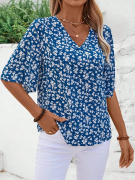 EMERY ROSE Blusa floja de vacaciones de mujer con estampado floral pequeno, cuello en V y mangas acampanadas