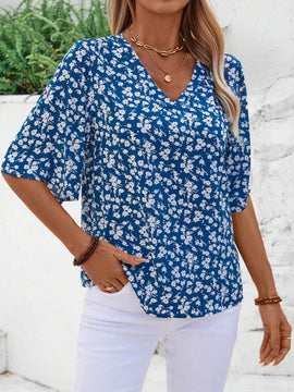EMERY ROSE Blusa floja de vacaciones de mujer con estampado floral pequeno, cuello en V y mangas acampanadas