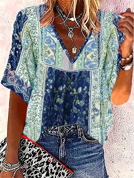 EMERY ROSE Camisa de manga corta con cuello en V para mujer con estampado de estilo de vacaciones