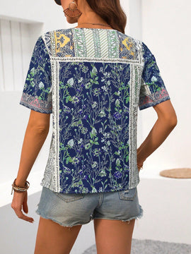 EMERY ROSE Camisa de manga corta con cuello en V para mujer con estampado de estilo de vacaciones