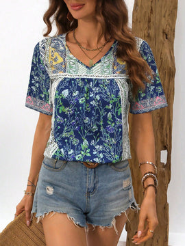 EMERY ROSE Camisa de manga corta con cuello en V para mujer con estampado de estilo de vacaciones