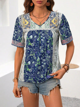 EMERY ROSE Camisa de manga corta con cuello en V para mujer con estampado de estilo de vacaciones