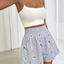 Essnce Shorts de cuadros y flores pequenas con cordon en la cintura para la moda de verano de la mujer