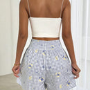 Essnce Shorts de cuadros y flores pequenas con cordon en la cintura para la moda de verano de la mujer