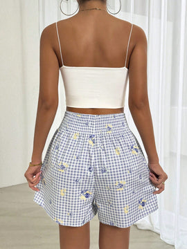 Essnce Shorts de cuadros y flores pequenas con cordon en la cintura para la moda de verano de la mujer