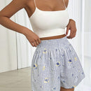 Essnce Shorts de cuadros y flores pequenas con cordon en la cintura para la moda de verano de la mujer