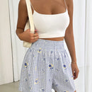 Essnce Shorts de cuadros y flores pequenas con cordon en la cintura para la moda de verano de la mujer