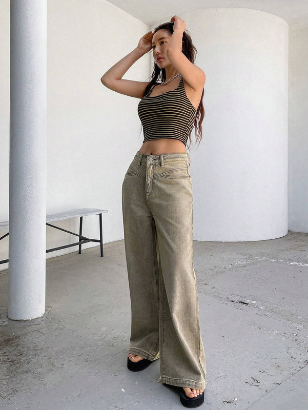 DAZY Jeans casuales de pierna ancha y de corte holgado para mujer con bolsillos