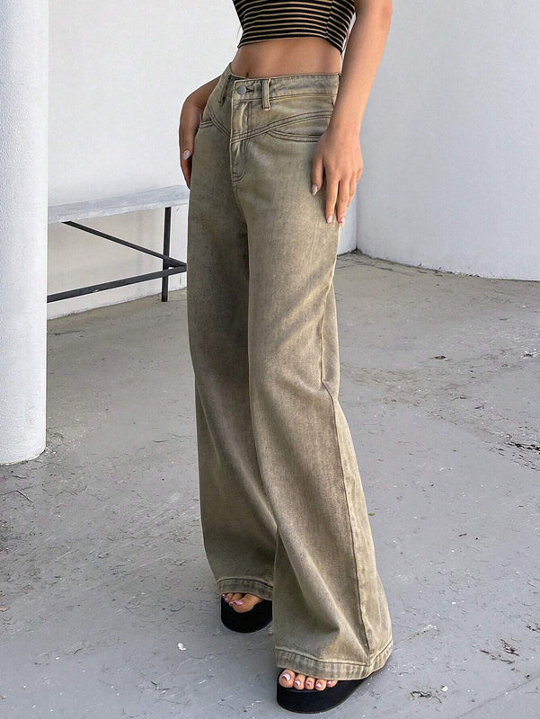 DAZY Jeans casuales de pierna ancha y de corte holgado para mujer con bolsillos