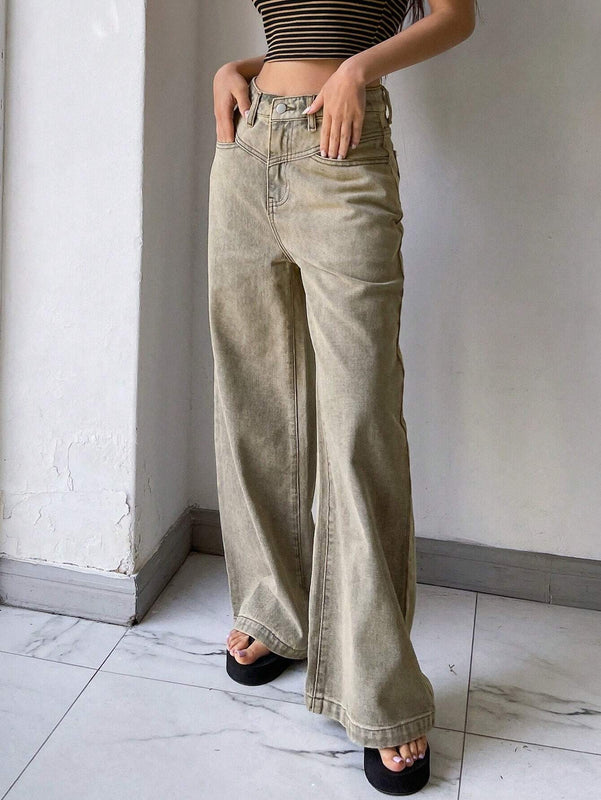 DAZY Jeans casuales de pierna ancha y de corte holgado para mujer con bolsillos