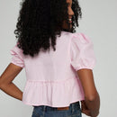 Top corto de estilo simple de verano para mujer con correa de lazo, mangas de burbuja, dobladillo con volantes y peplum
