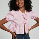 Top corto de estilo simple de verano para mujer con correa de lazo, mangas de burbuja, dobladillo con volantes y peplum