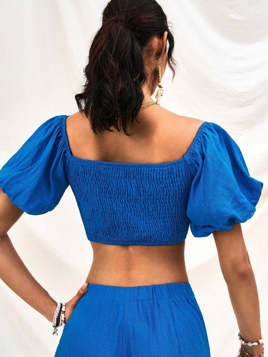 WYWH Blusa de hombros descubiertos azul de mujer con holguras, top retorcido elastico para vacaciones, playa, ocasiones casuales, juveniles, de graduacion, regreso a clases, Pascua, fiesta de jardin o atuendos para te de la tarde.