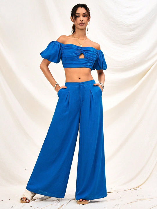 WYWH Blusa de hombros descubiertos azul de mujer con holguras, top retorcido elastico para vacaciones, playa, ocasiones casuales, juveniles, de graduacion, regreso a clases, Pascua, fiesta de jardin o atuendos para te de la tarde.