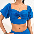 WYWH Blusa de hombros descubiertos azul de mujer con holguras, top retorcido elastico para vacaciones, playa, ocasiones casuales, juveniles, de graduacion, regreso a clases, Pascua, fiesta de jardin o atuendos para te de la tarde.