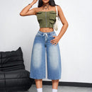 EZwear Jeans informales para mujer con corte holgado de pierna ancha y largo recortado con bolsillos