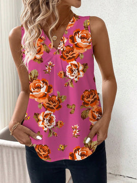NEW  Clasi Camisa de mujer sin mangas con cuello en V y ajustada con flores de azahar naranja