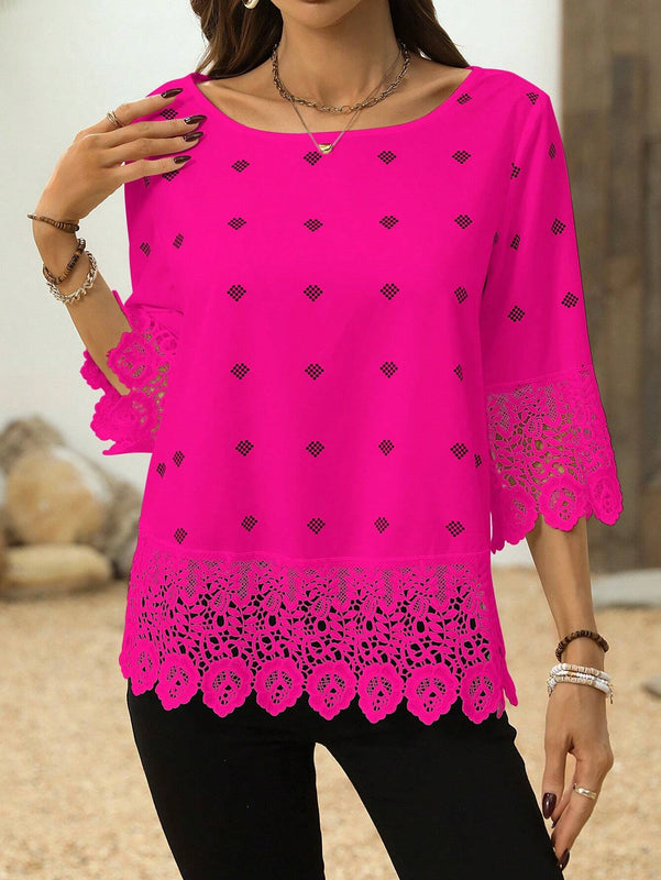 Blusa elegante de verano con encaje de patchwork y cuello redondo de unicolor