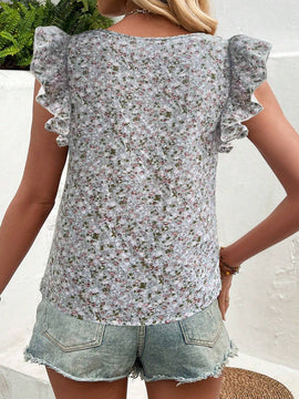 Blusa con mangas de gorra y cuello cuadrado con patron floral pequeno para mujer (patron aleatorio) a la moda