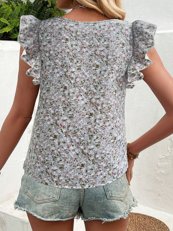 Blusa con mangas de gorra y cuello cuadrado con patron floral pequeno para mujer (patron aleatorio) a la moda