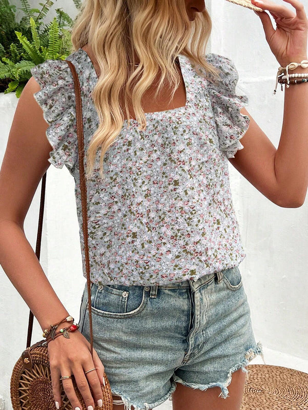 Blusa con mangas de gorra y cuello cuadrado con patron floral pequeno para mujer (patron aleatorio) a la moda