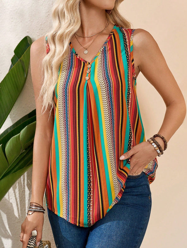 Camisa casual de verano sin mangas para mujer con cuello en V y rayas