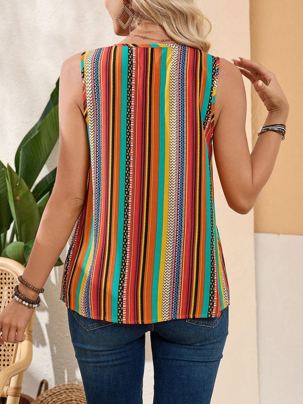 Camisa casual de verano sin mangas para mujer con cuello en V y rayas