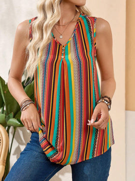 Camisa casual de verano sin mangas para mujer con cuello en V y rayas